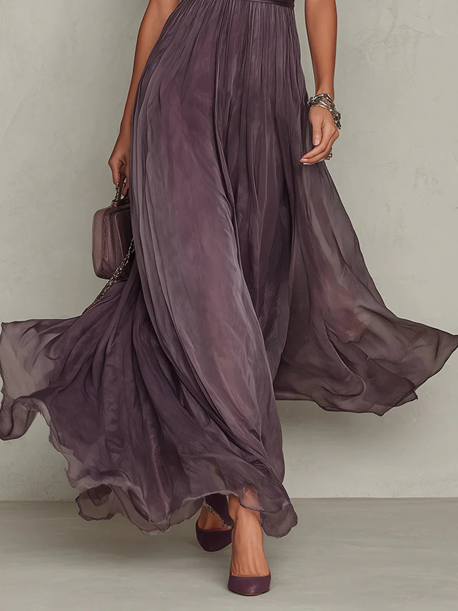 Abito Lungo Viola con Pizzo e Scollo a Goccia