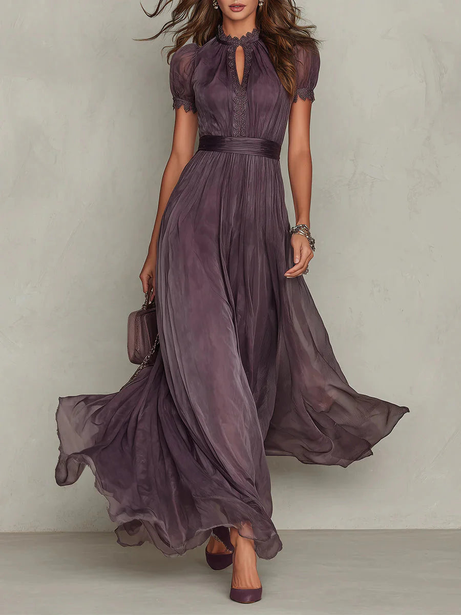 Abito Lungo Viola con Pizzo e Scollo a Goccia